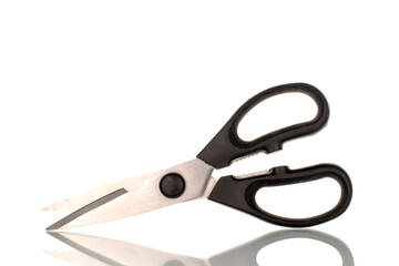 One metal scissors for the kitchen, close-up, isolated on a white background.