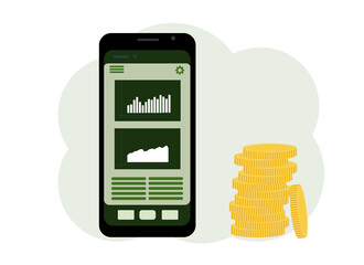 The concept of online gaming on the stock exchange. Phone with graphs and a bunch of coins next to it