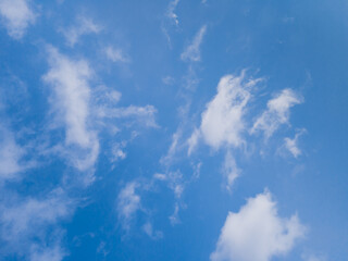Blue summer sky with white clouds. Clear sky overhead.