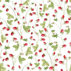 Watercolor wild strawberry sprouts pattern