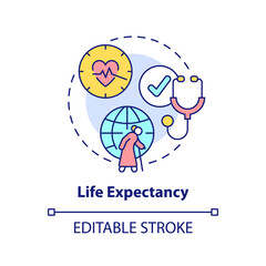 Life expectancy concept icon. Social protection. Measure of human development abstract idea thin line illustration. Isolated outline drawing. Editable stroke. Arial, Myriad Pro-Bold fonts used