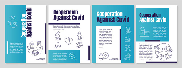 Fototapeta na wymiar Partnership against covid blue brochure template. Global medicine. Leaflet design with linear icons. 4 vector layouts for presentation, annual reports. Anton, Lato-Regular fonts used