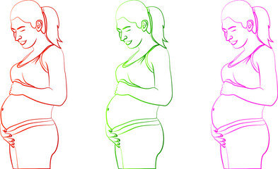 The Set of pregnant woman smiling and touching her belly, she holding baby in pregnant belly, Early pregnancy with colorful drawing over white background. Vector