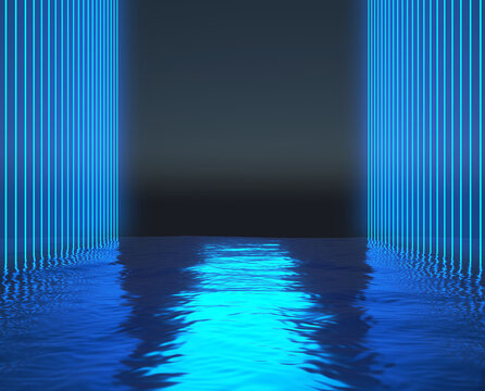 corridor of blue neon lines over the water