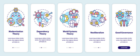 Society development theories onboarding mobile app screen. Global process walkthrough 5 steps graphic instructions pages with linear concepts. UI, UX, GUI template. Myriad Pro-Bold, Regular fonts used