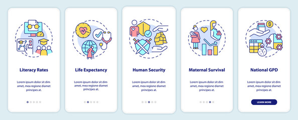 Measures of human development onboarding mobile app screen. Walkthrough 5 steps graphic instructions pages with linear concepts. UI, UX, GUI template. Myriad Pro-Bold, Regular fonts used