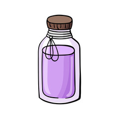 Glass bottle or vial with essential oil. Graphic Print for Product Packaging related to Perfumery, Soaps, Cosmetics, Herbal Medicine, Aromatherapy Essential Oils. Isolated on white background.