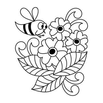 Doodle Honey beekeeping coloring book page. Cartoon Bee and flowers . Hand drawn vector illustration.
