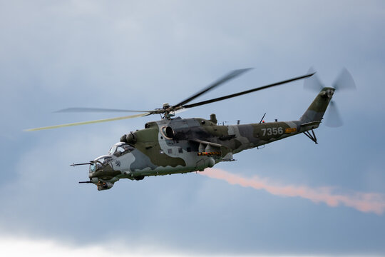 Payerne, Switzerland - September 1, 2014: Czech Air Force (Vzdu&scaron;n&eacute; s&iacute;ly Arm&aacute;dy Česk&eacute; republiky) Mil Mi-24V Attack Helicopter.