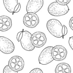 Obraz premium Seamless pattern with cumquat or kumquat with leaf. Illustration on white isolated background.