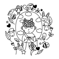 Coloring page sleeping child dreams of a fairy, bunny, bird, bee, flowers, stars doodle illustration in vector format.