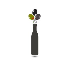 Different types of olives and a bottle, olive oil concept