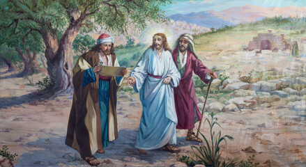 VALENCIA, SPAIN - FEBRUAR 17, 2022: The paintingo of Jesus with the disciples of Emausy in the...