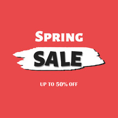 Spring sale banner with watercolor brush stroke on red background