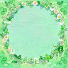 水彩画イラストたんぽぽとハレジオンとヒメジョオンとクローバーの花のフレーム