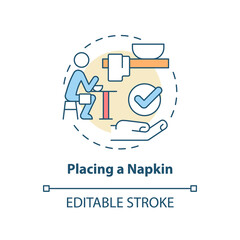 Placing napkin concept icon. Place serviette on lap. Restaurant etiquette abstract idea thin line illustration. Isolated outline drawing. Editable stroke. Arial, Myriad Pro-Bold fonts used