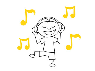 A happy character smiles and dances to music with headphones.