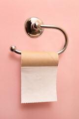Empty toilet paper roll. The last sheet of toilet paper. Pink background. Vertical.