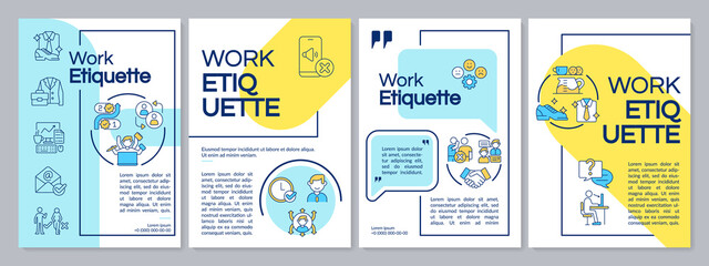 Work etiquette yellow and blue brochure template. Workplace ethical code. Leaflet design with linear icons. 4 vector layouts for presentation, annual reports. Questrial, Lato-Regular fonts used - obrazy, fototapety, plakaty