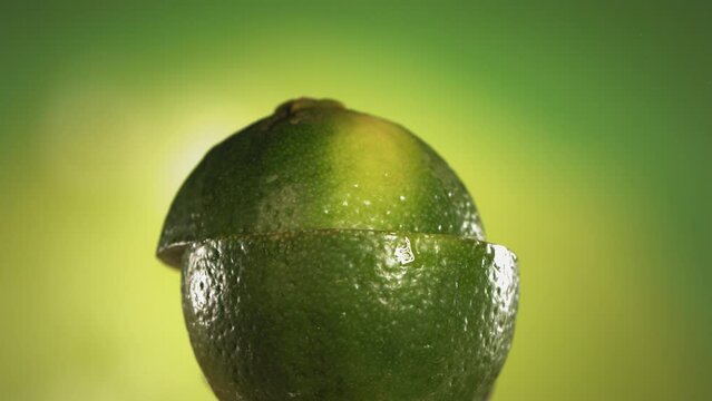Half Lime falling and splashing on green background. Food levitation concept. Slow Motion