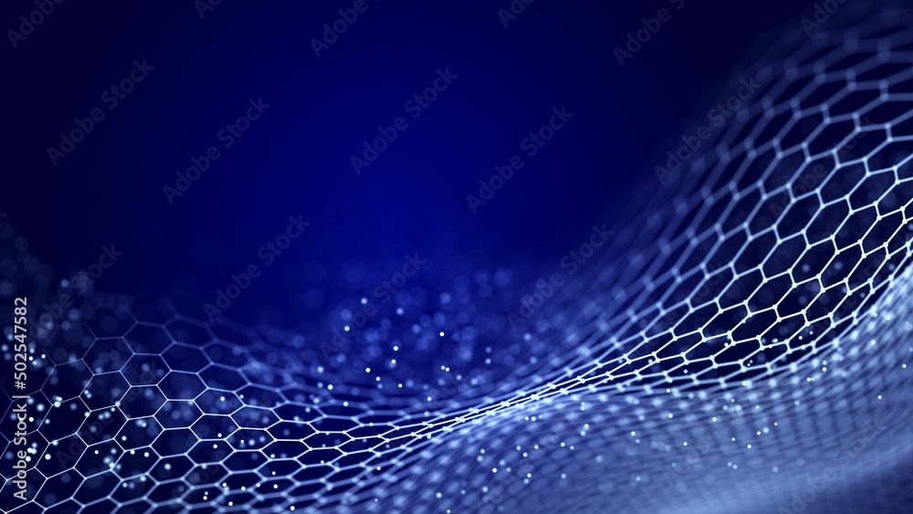 Poster abstract chain of hexagonal shapes. data technology background. 3d rendering.