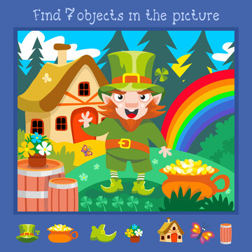 Find 7 hidden objects. Educational game for children. Leprechaun with shamrock. Cartoon cute character. Vector color illustration. Fairy tale little man picture.
