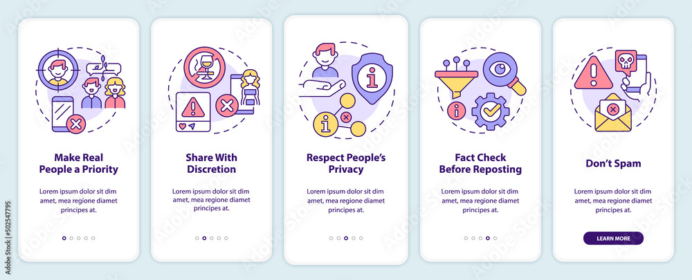 Wall mural netiquette rules onboarding mobile app screen. online interaction walkthrough 5 steps graphic instru