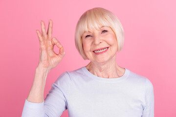 Photo of lovely senior woman show fingers okey symbol advertise promo decide isolated over pink color background