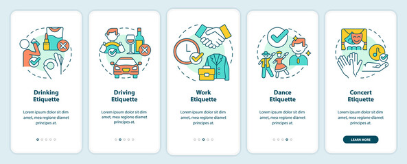 Types of etiquette onboarding mobile app screen. Set of rules walkthrough 5 steps graphic instructions pages with linear concepts. UI, UX, GUI template. Myriad Pro-Bold, Regular fonts used