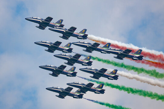 Payerne, Switzerland - September 7, 2014: Frecce Tricolori formation display team of the Italian Air Force (Aeronautica Militare Italiana) flying Aermacchi MB-339PAN aircraft.