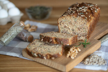 Homemade Dark Diet Autumn Bread, Pumpkin Whole Grain Bread, Home Baked, Bio Ingredients, Healthy Nutrition with Mixed Seeds and Nuts