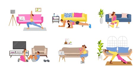 Collection of scenes, people young men and women doing workout, yoga, sport with dumbbells weight at home, during lockdown. Flat vector illustration, interior background