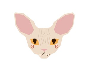 The head of a cute sphynx cat with large ears and yellow eyes. The stylized face of a purebred kitty. Vector illustration in a flat style.