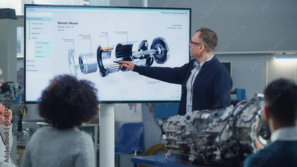 Aufkleber Teacher Lectures Diverse Group of Multi Ethnic Students while Showing at Turbine Engine on Projection Screen at University. Engineering and Green Electric Energy Concept. Medium View
