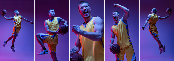 Composite image with dynamic portraits of young professional basketball player in motion, training isolated over purple background. Sport concept