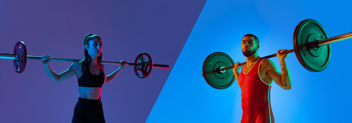 Composite image of two sportsmen, muscled man and woman in sportswear standing with barbell...