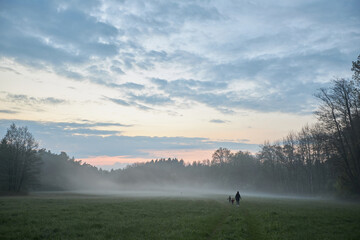 Family with children walking in a foggy meadow