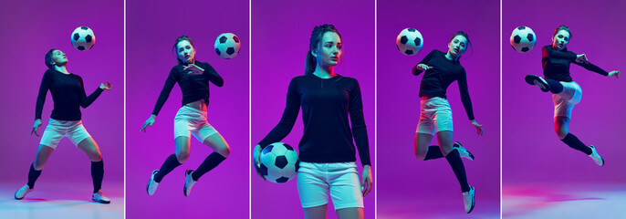 Collage, set of images of sportive girl, female soccer player practicing with football ball isolated on purple studio background in neon light. Sport, action, motion, fitness