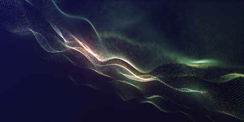 Abstract colorful digital particles wave with bokeh and light background, 3d render wave line dot background, line wave light glowing effect particular background