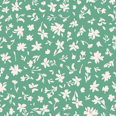 Cute floral minimal seamless repeat pattern. Random placed, vector flowers all over print on pastel green background.