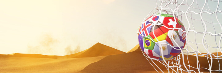 Fußball mit Länder Flaggen im Tor vor Wüste von Katar - obrazy, fototapety, plakaty