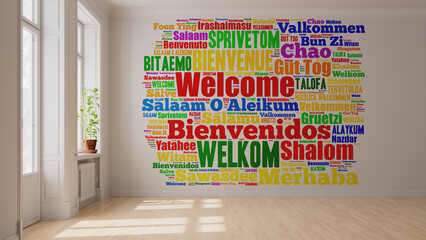 Willkommen Begrüßung in vielen Sprachen an Wand - obrazy, fototapety, plakaty