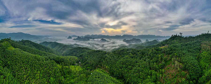 Panorama and aerial view of Doi Tapang show fog or mist cover some part of area with sunrise light.