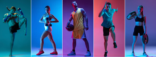 Collage of professional sportsmen in sports uniform isolated on multicolored background in neon...