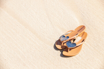 Beach flip-flops stand on the wet sand