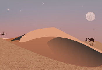Desert dunes with camel and herder in moonlight