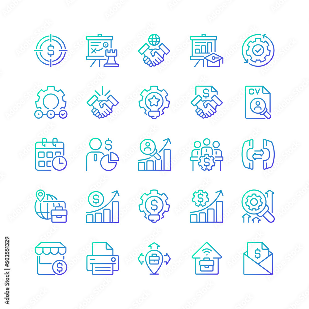 Wall mural Business management gradient linear vector icons set. Marketing and sales. Corporate finance. Company growth. Thin line contour symbol designs bundle. Isolated outline illustrations collection