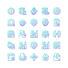 Business management gradient linear vector icons set. Marketing and sales. Corporate finance. Company growth. Thin line contour symbol designs bundle. Isolated outline illustrations collection