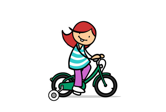 girl riding green bike with training wheels clip art preview