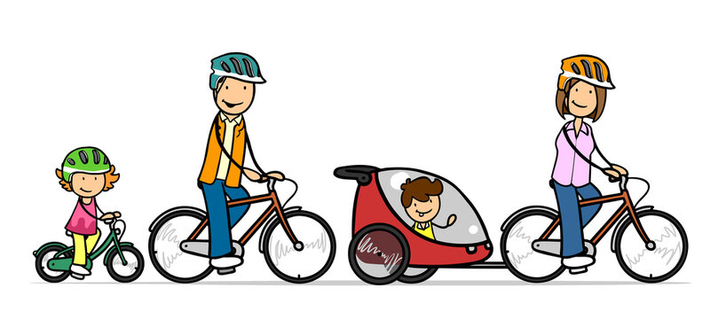Familie bei Fahrradtour mit zwei Kindern auf Anhänger